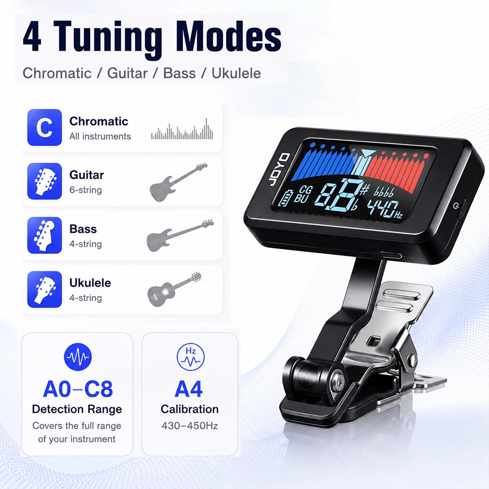 JOYO JT-480 Guitar Tuner Rechargeable Clip-on Digital Tuner 430-450Hz A4 Frequency Guitar Bass Ukulele Portable Tuner