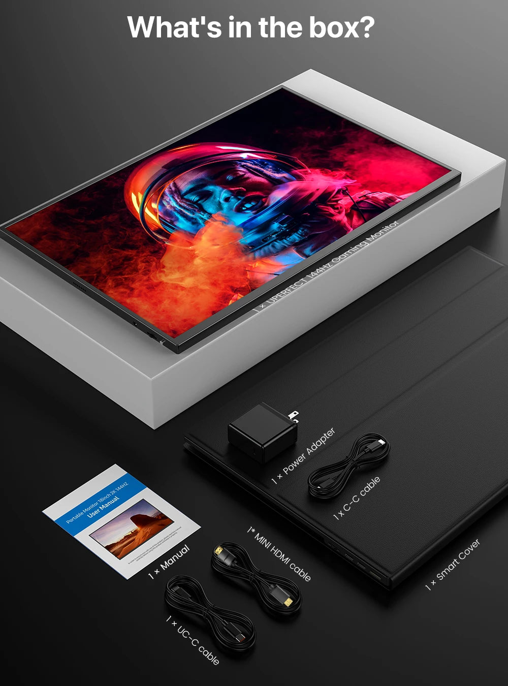 UPERFECT Portable Monitor 18" 2K 144Hz Gaming Display 2560x1600 QHD 100% DCI-P3 HDR Laptop Second Screen for Computer Phone Game