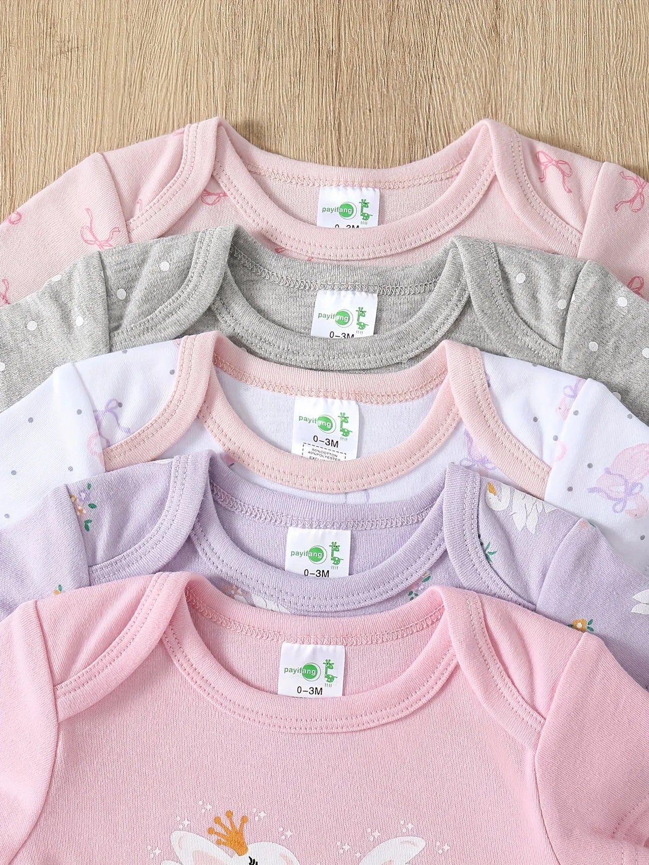 5pcs Baby Girl Romper Set - Cute Animal Print Short Sleeve Outfits with Ribbed Cuffs, Soft Breathable Fabric, All-Season Comfort, Elegant Round Neck Design for Outdoor Play & Casual Attire, Baby Girl Clothes, Playful Babywear