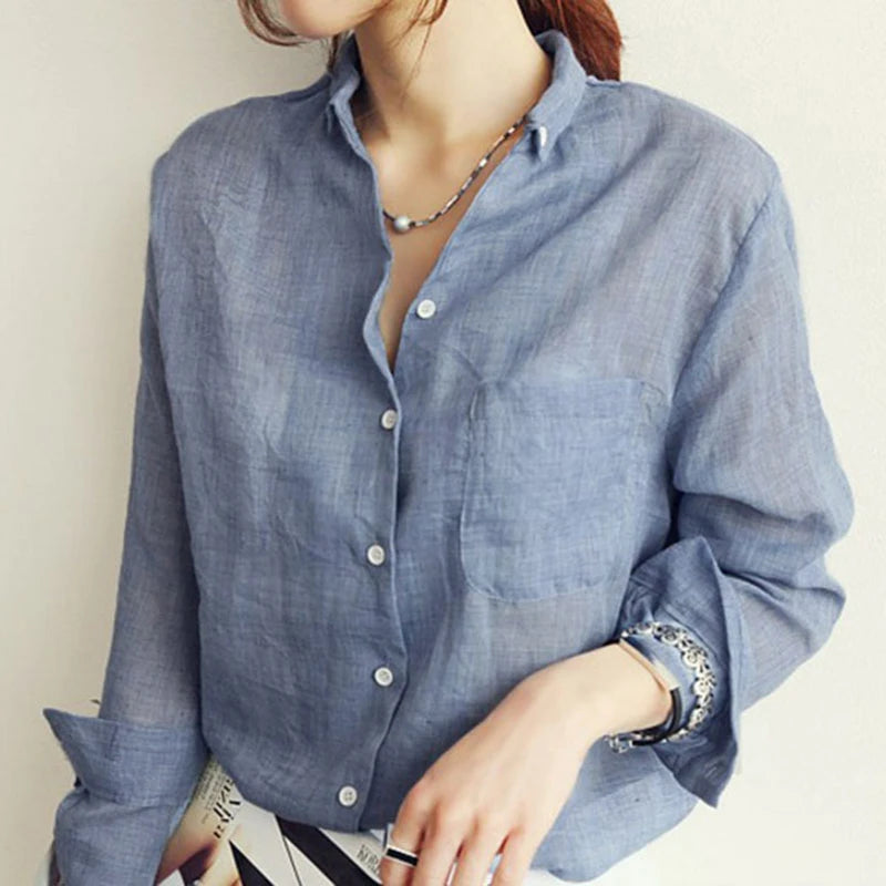 Women Autumn Korean Harjauku Solid Cotton and Linen Blouse Vintage Solid Thin Loose Shirt 2022 Casual Long Sleeve Korean Tops