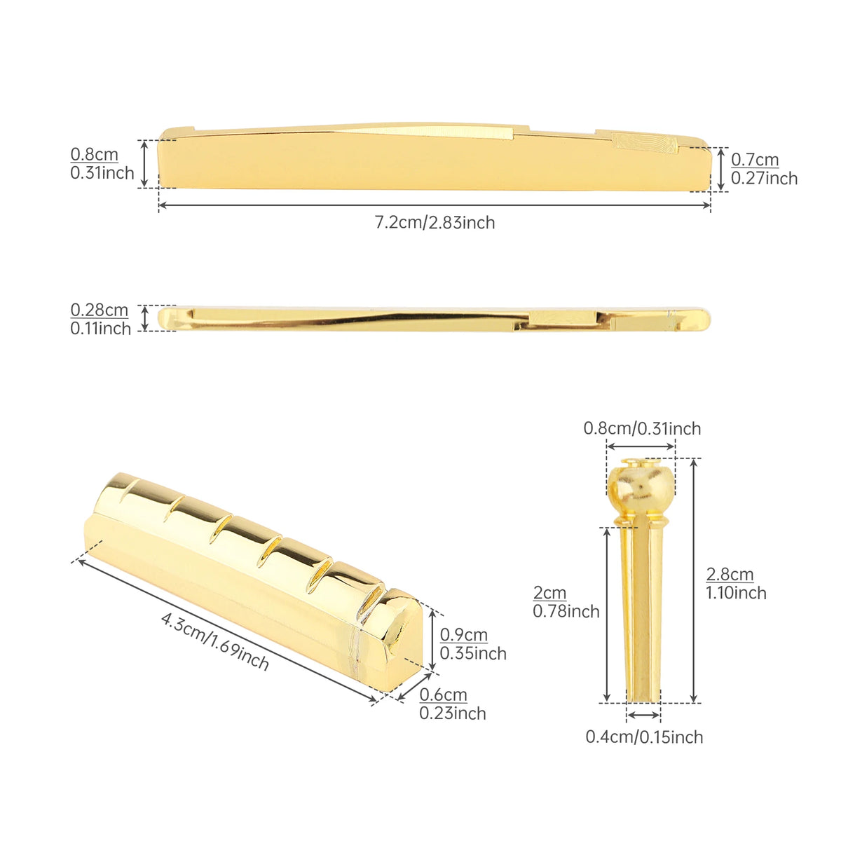 8pcs Brass Guitar Saddle Nut Bridge Pins Set for 6 String Acoustic Folk Guitar 72mm Saddle Replacement Upgrade Kit