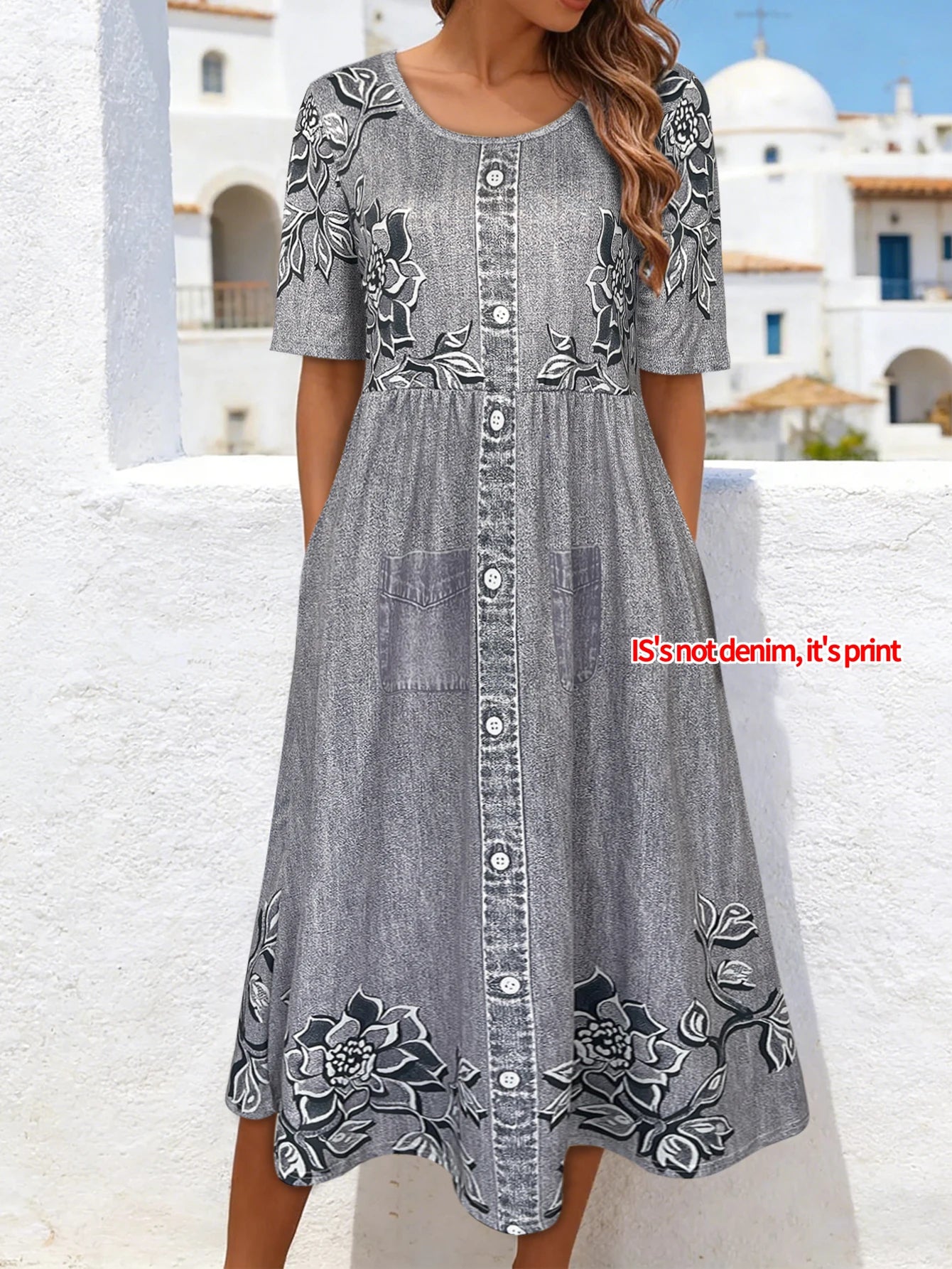 Women's Floral Print Faux Denim Midi Dress Summer Casual Print Button Front Print Pocket Short Sleeve Boho Sundress
