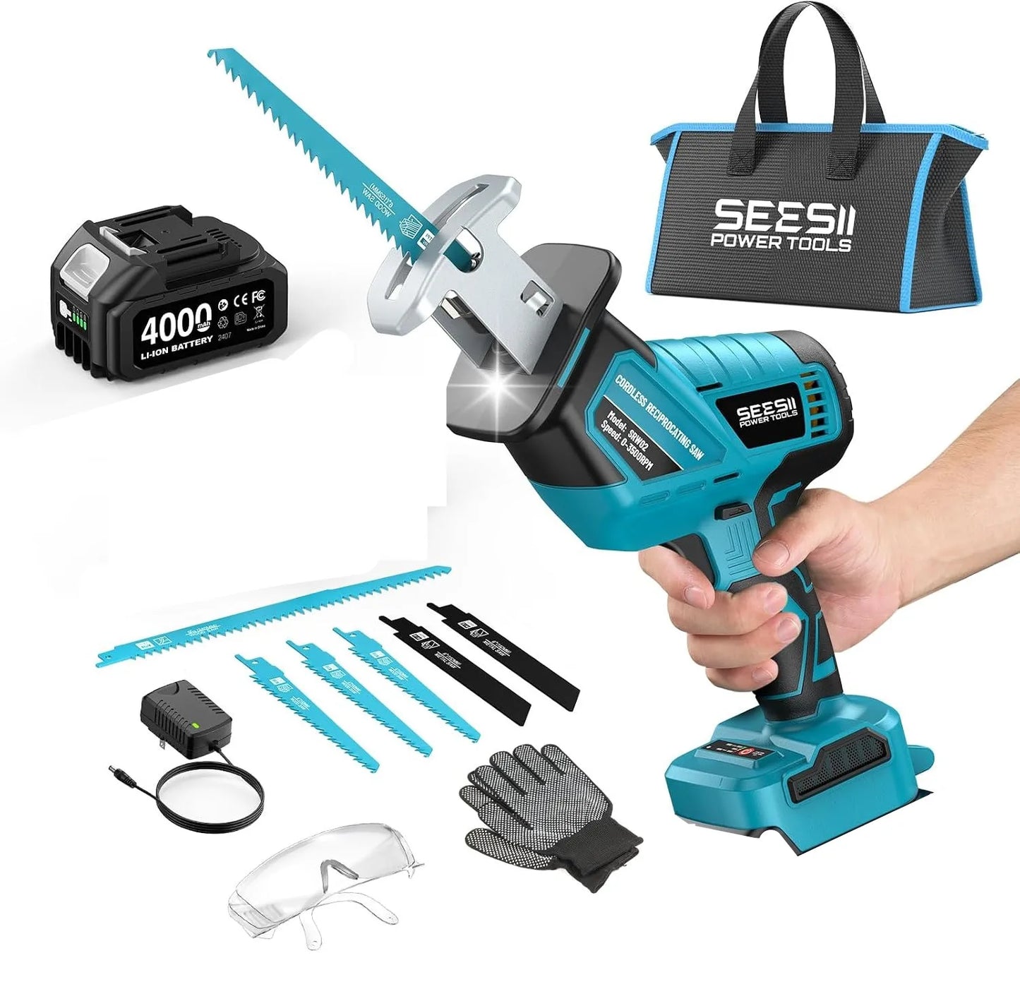 SEESII Reciprocating Saw Cordless Cutting Saw Variable Speed 3500 RPM Brushless Motor with 6 Saw Blades Portable Saw Power Tool 4.0Ah Battery For Wood PVC Cutting