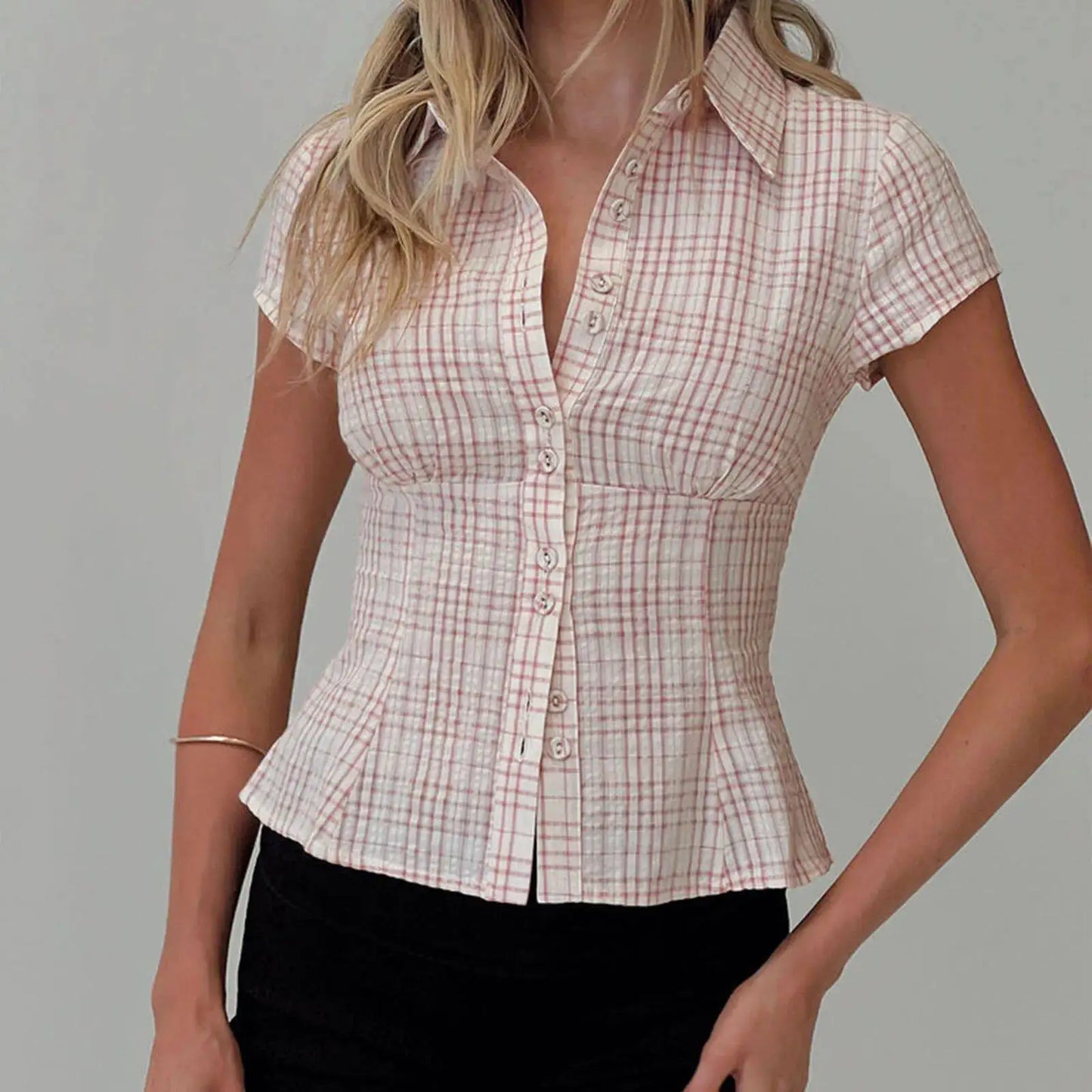 Women's Y2K Plaid Button down Shirt Short Sleeve Button down Blouse Casual Summer Top 90s Streetwear Checkered Shirt