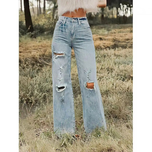 Women High Waist Ripped Wide Leg Jeans Vintage Light Wash Distressed Hole Denim Pants Streetwear Baggy Loose Fit Flare Jeans Y2K Grunge Aesthetic Casual Daily Trousers For Ladies