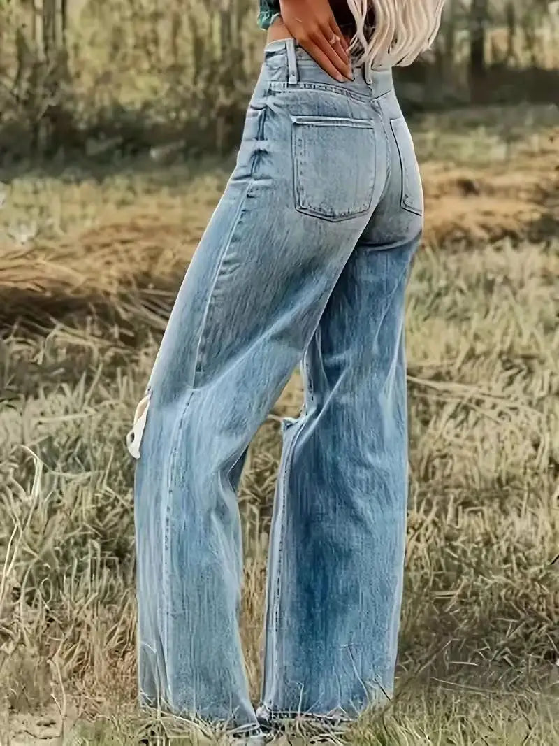 Women High Waist Ripped Wide Leg Jeans Vintage Light Wash Distressed Hole Denim Pants Streetwear Baggy Loose Fit Flare Jeans Y2K Grunge Aesthetic Casual Daily Trousers For Ladies