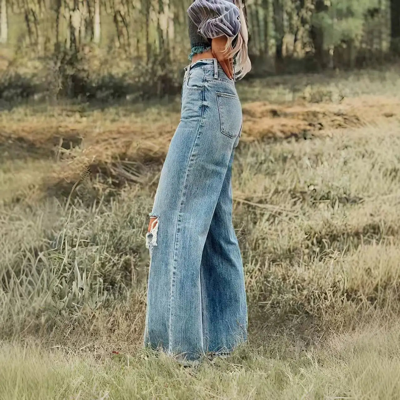 Women High Waist Ripped Wide Leg Jeans Vintage Light Wash Distressed Hole Denim Pants Streetwear Baggy Loose Fit Flare Jeans Y2K Grunge Aesthetic Casual Daily Trousers For Ladies
