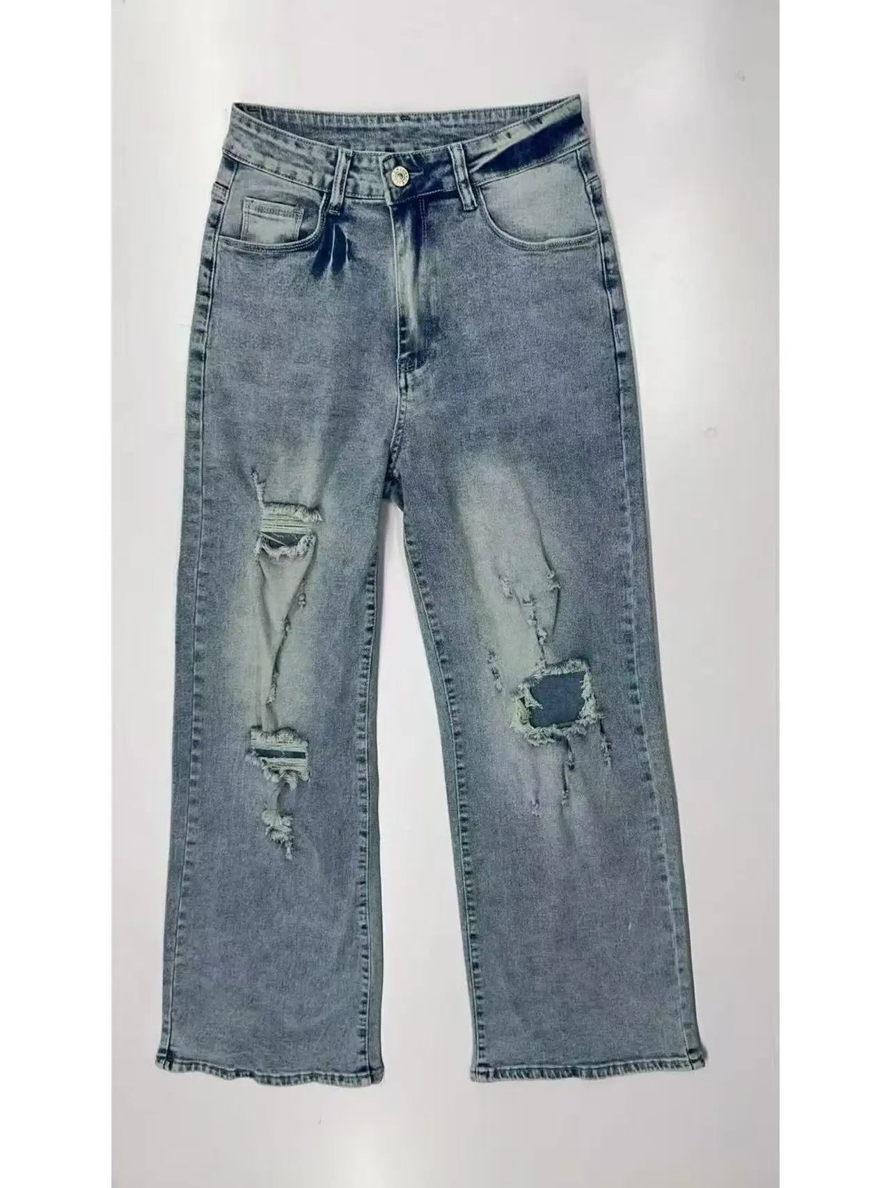 Women High Waist Ripped Wide Leg Jeans Vintage Light Wash Distressed Hole Denim Pants Streetwear Baggy Loose Fit Flare Jeans Y2K Grunge Aesthetic Casual Daily Trousers For Ladies