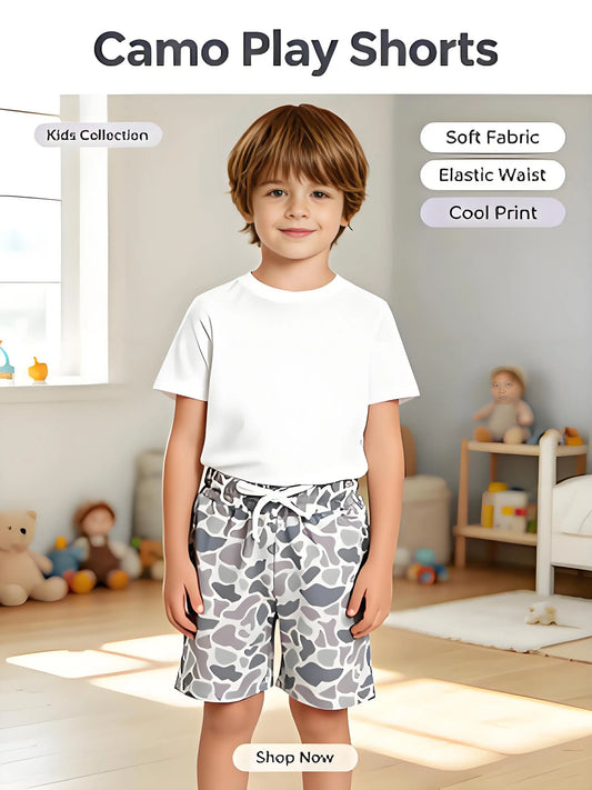 Kids Boys Grey Camo Drawstring Summer Shorts Breathable Lightweight Loose Fit Solid Pattern Cargo Swimwear