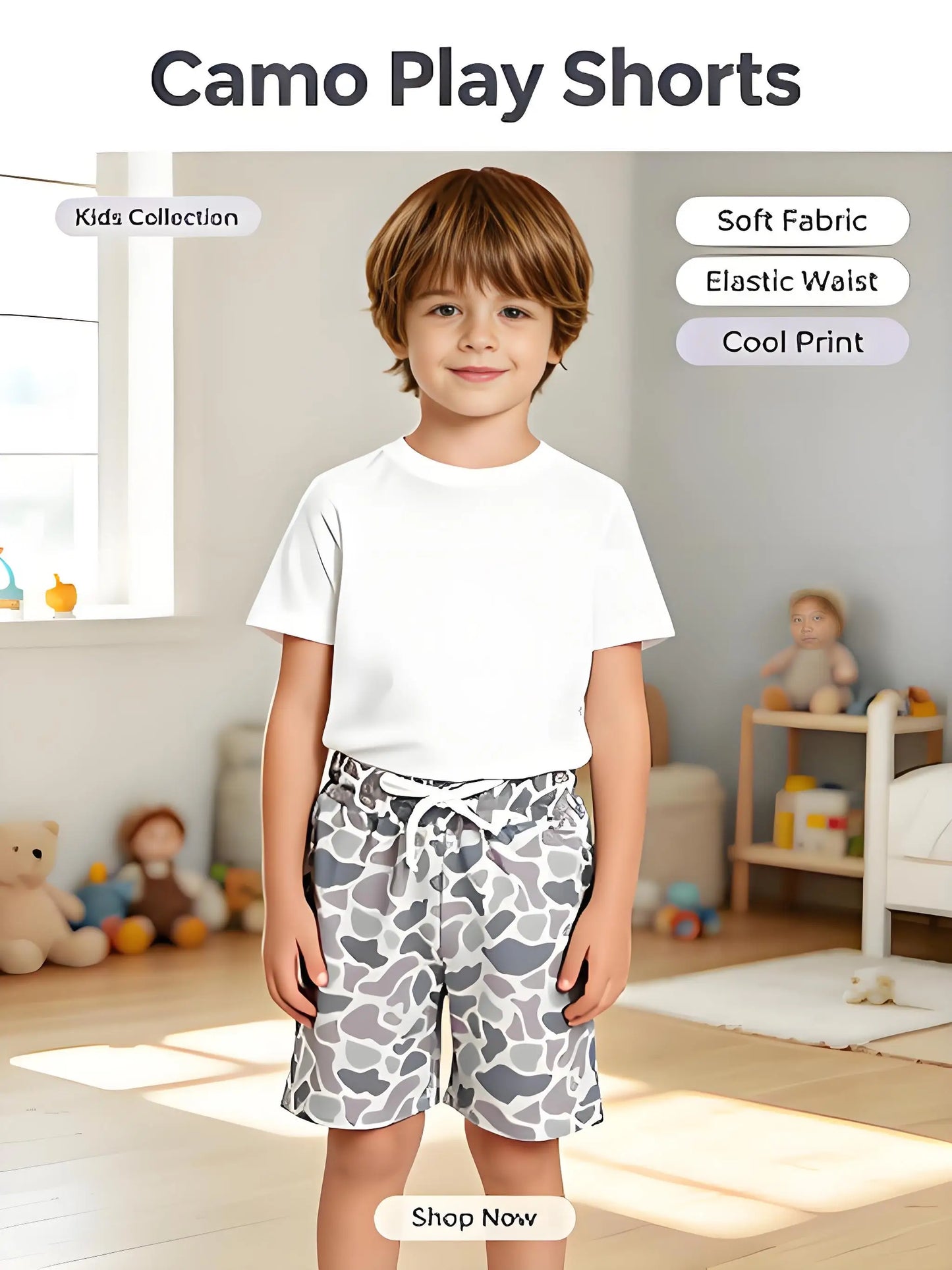 Kids Boys Grey Camo Drawstring Summer Shorts Breathable Lightweight Loose Fit Solid Pattern Cargo Swimwear