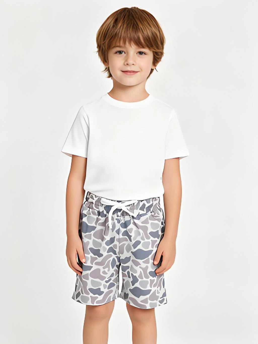 Kids Boys Grey Camo Drawstring Summer Shorts Breathable Lightweight Loose Fit Solid Pattern Cargo Swimwear