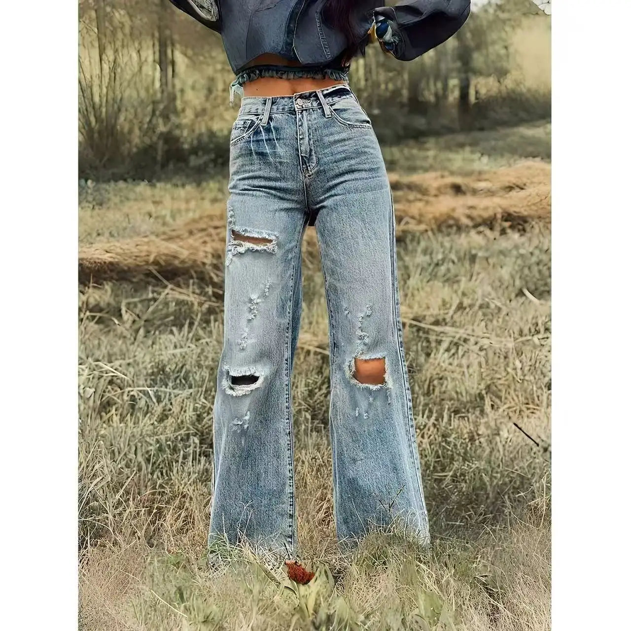 Women High Waist Ripped Wide Leg Jeans Vintage Light Wash Distressed Hole Denim Pants Streetwear Baggy Loose Fit Flare Jeans Y2K Grunge Aesthetic Casual Daily Trousers For Ladies