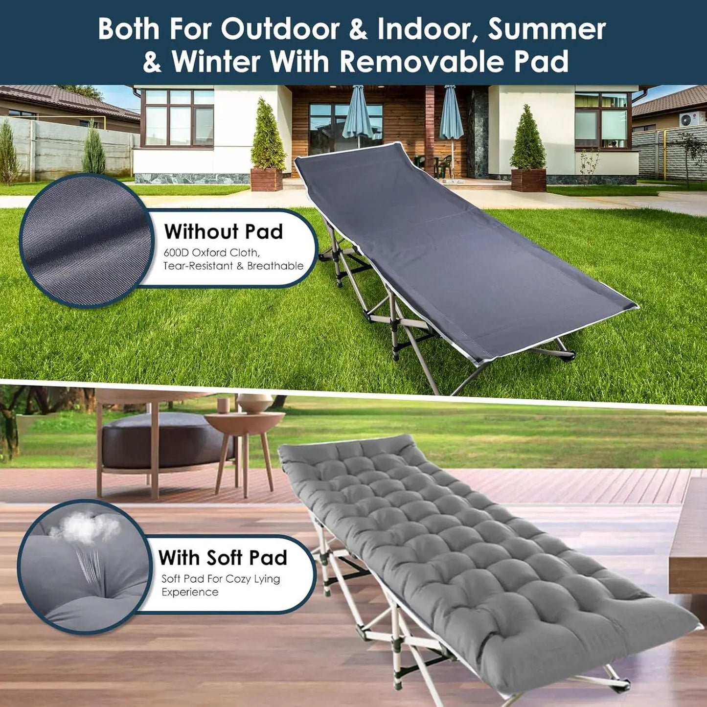 Foldable Portable Bed, Outdoor Garden Lounge Chair with Pearl Foam Mattress