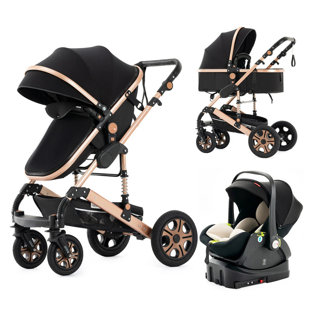 Baby Stroller Combo Car Seat  Infant Pushchair with Carry Cot Foldable Reversible Pram,Travel System with Isofix Base Upto 55lbs