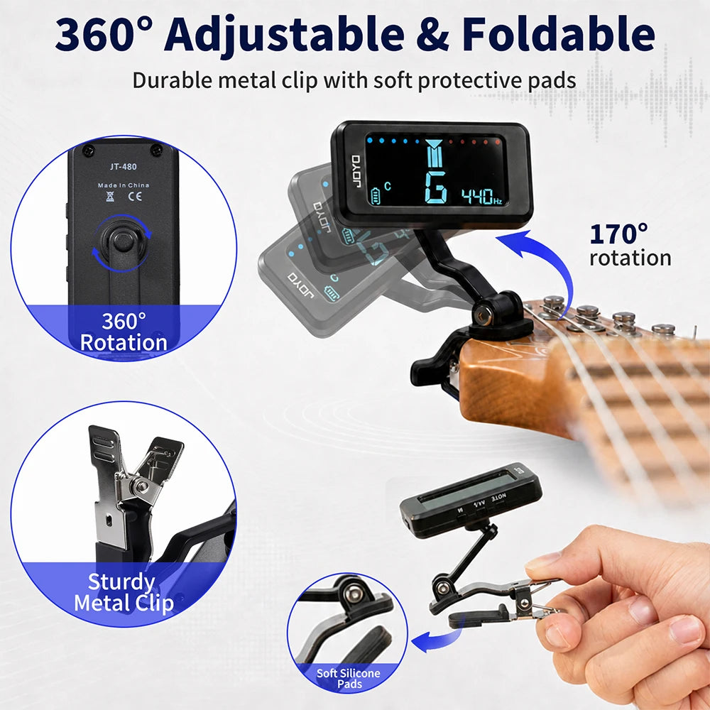 JOYO JT-480 Guitar Tuner Rechargeable Clip-on Digital Tuner 430-450Hz A4 Frequency Guitar Bass Ukulele Portable Tuner