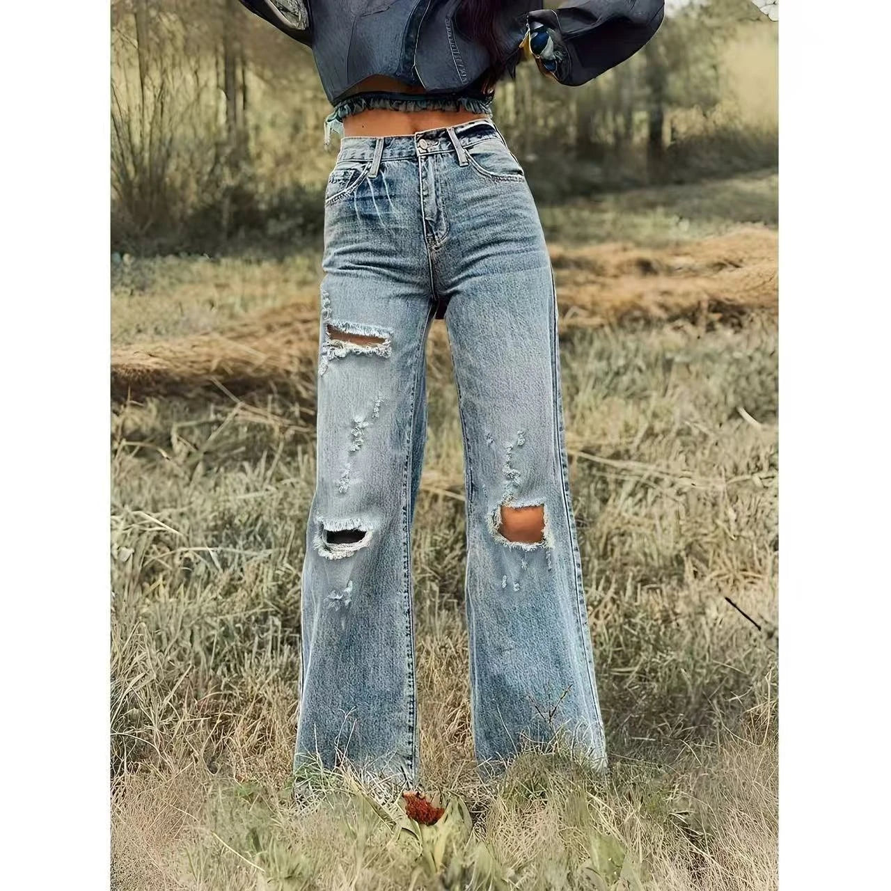 Women High Waist Ripped Wide Leg Jeans Vintage Light Wash Distressed Hole Denim Pants Streetwear Baggy Loose Fit Flare Jeans Y2K Grunge Aesthetic Casual Daily Trousers For Ladies