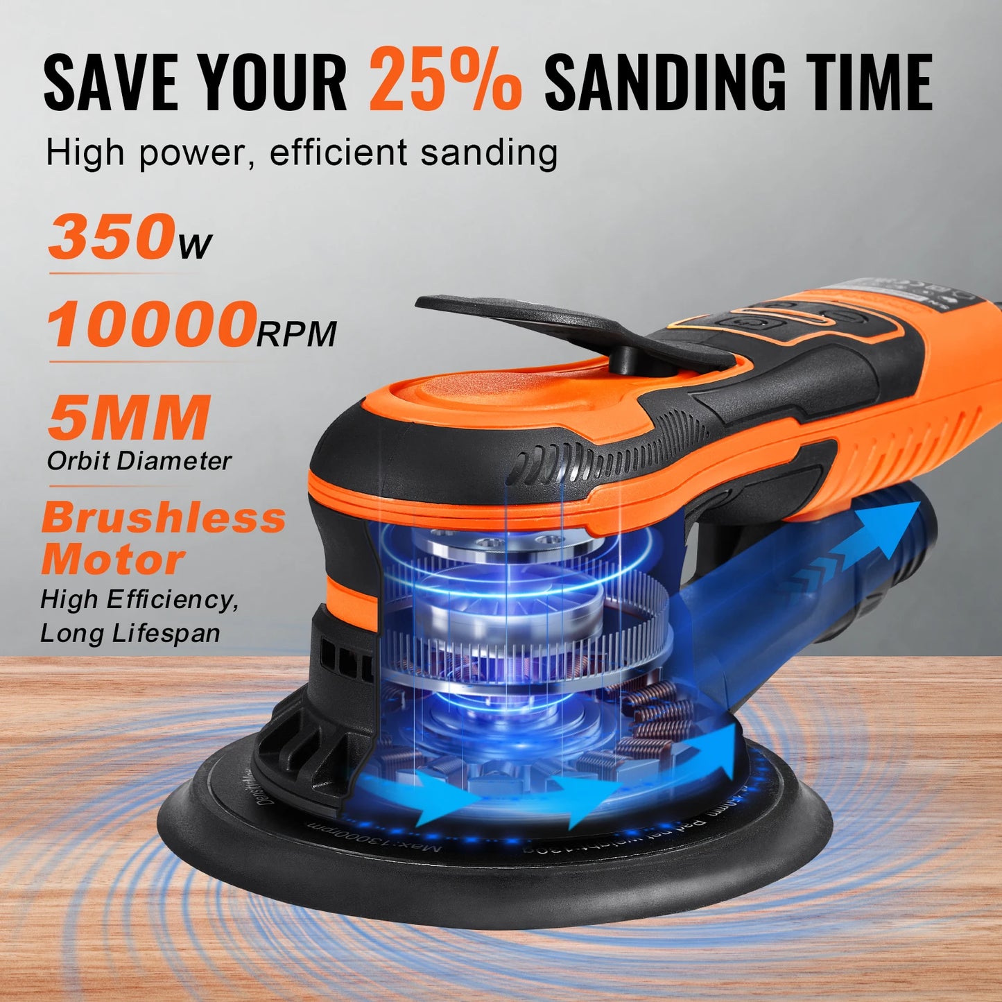 SucceBuy Random Orbital Sander 350W Brushless 10000 PRM 6 Variable Speed Electric Orbital Sander for Woodworking Detail Sanding