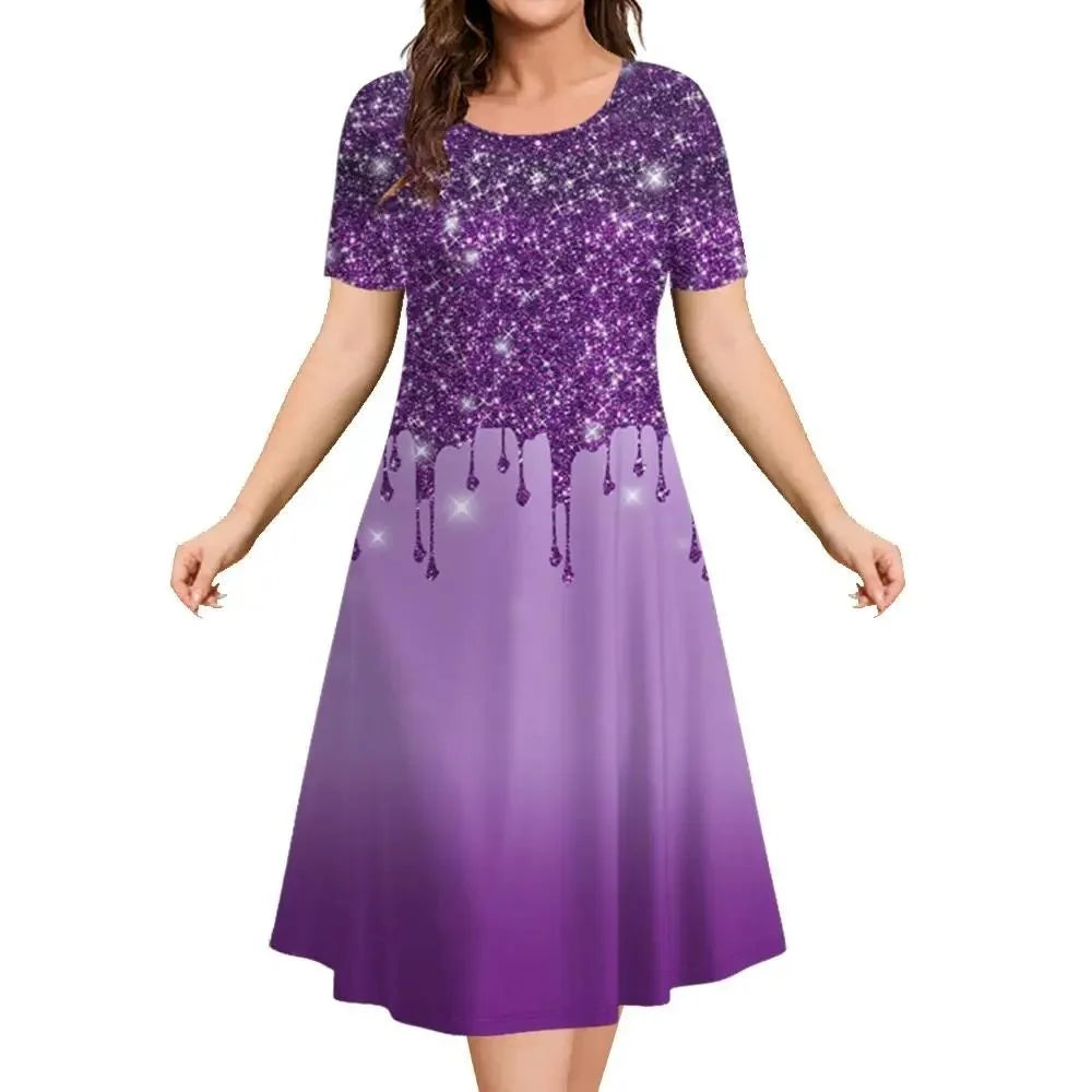 2026 New Women's Simple Gradient Color Casual Dresses Elegant Woman Clothes Evening Midi Dress Crew Neck Short Sleeve Dresses