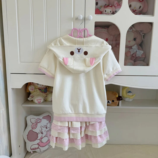 Bear Embroidered Short Sleeve Top Japanese Style Cute Soft Girl Summer Hooded Short Sleeve Zipper Jacket Women Slimming Top