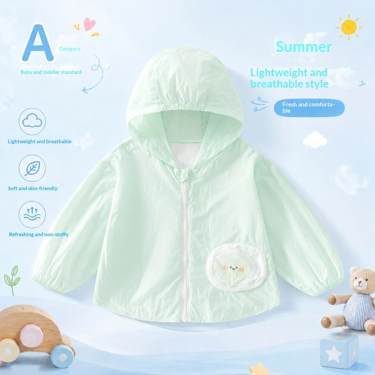 A Class Baby Sun Protection Jacket Summer Ultra Thin Lightweight Hooded Coat Cartoon Pocket Print Zipper Skin Friendly Toddler O