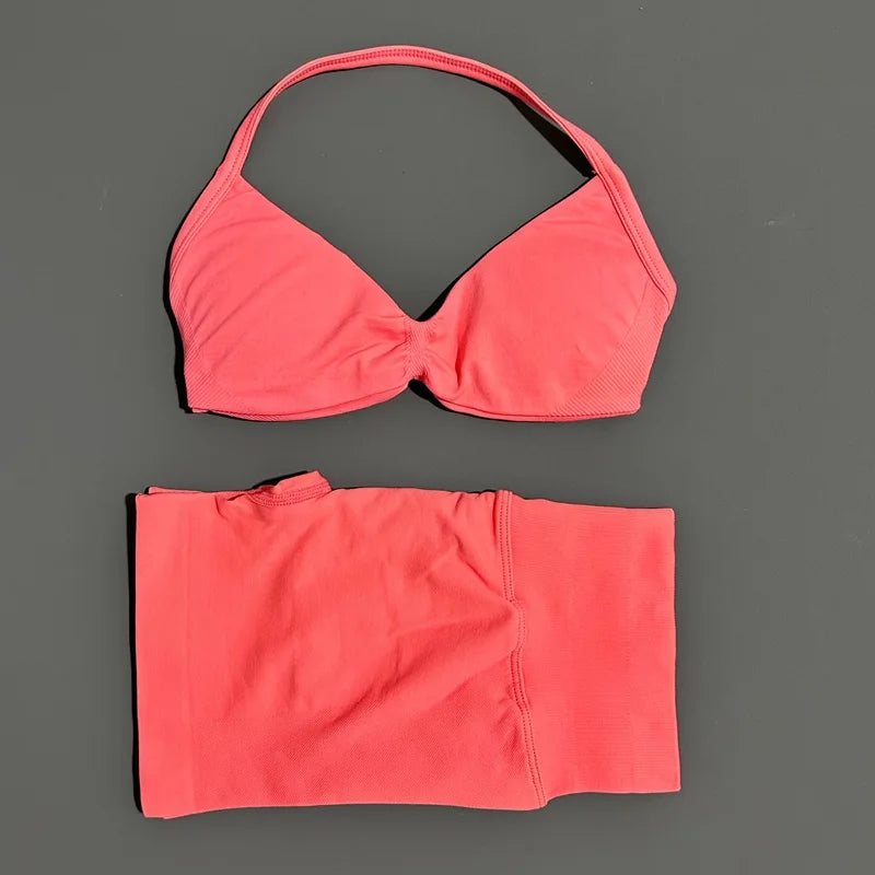 2 Pieces Yoga Gym Set Women Seamless Strappy Yoga Bra High Waist Workout Scrunch Shorts Sports Set Fitness Clothes Sportswear