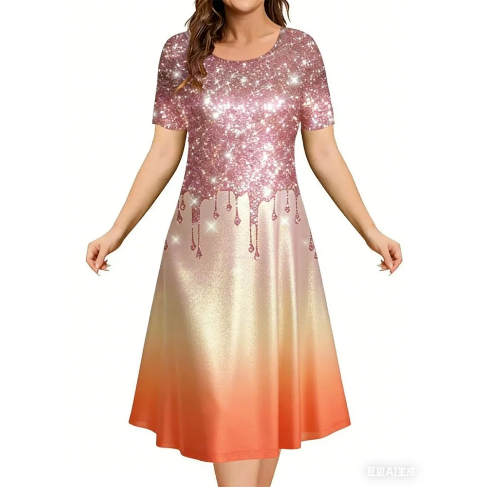 2026 New Women's Simple Gradient Color Casual Dresses Elegant Woman Clothes Evening Midi Dress Crew Neck Short Sleeve Dresses