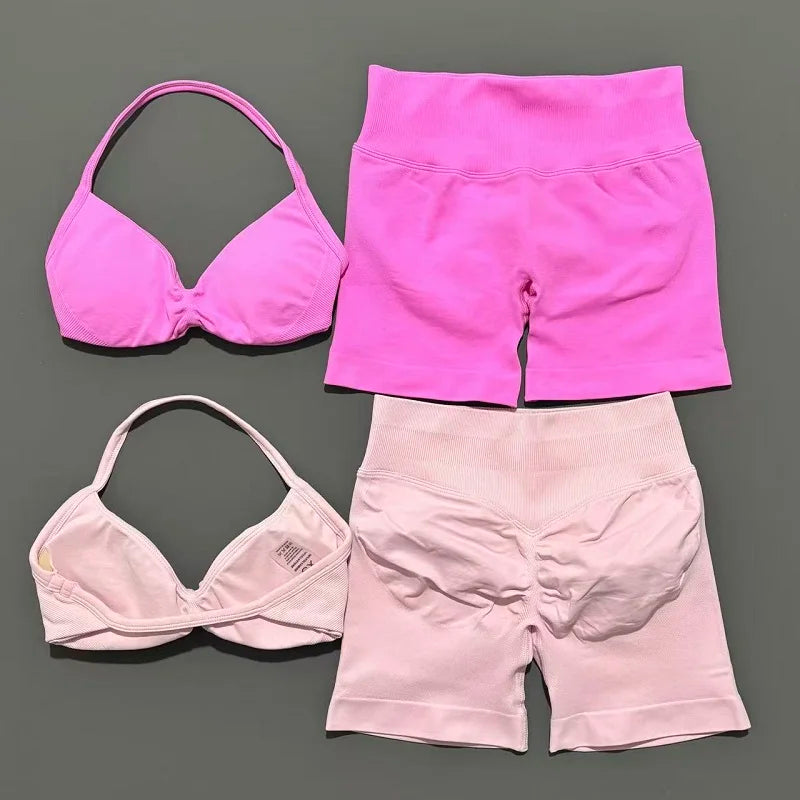 2 Pieces Yoga Gym Set Women Seamless Strappy Yoga Bra High Waist Workout Scrunch Shorts Sports Set Fitness Clothes Sportswear