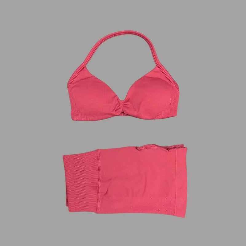 2 Pieces Yoga Gym Set Women Seamless Strappy Yoga Bra High Waist Workout Scrunch Shorts Sports Set Fitness Clothes Sportswear