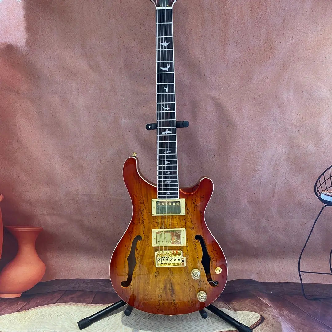 USA Local Stock Fast Dispatch Sunset Burl Veneer Semi-Hollow Electric Guitar 6 String, F-Hole Jazz Guitar, Bird Shape Abalone Inlay Fingerboard, HH Pickups, Gold Hardware Gloss Finish Premium Hollow-Body Electric Guitar