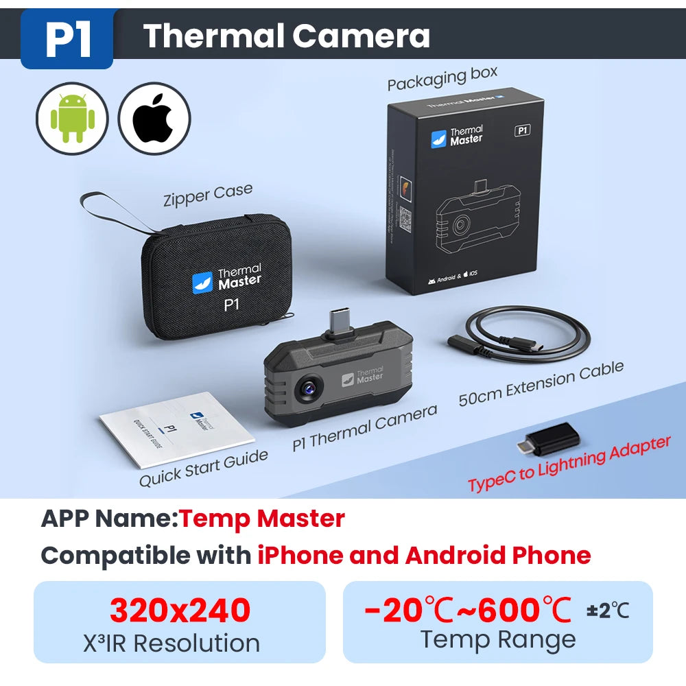 Thermal Imager P1 for USB C iPhone and Android Phone 320*240 X³IR Resolution 25Hz 600℃ Temp Range Home Leaks Inspection