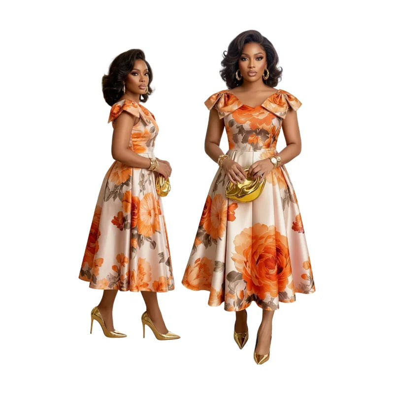 Off Shoulder Bow Strap Floral Print Midi Swing Dress For Women Wedding Guest Brunch Daily Elegant Party Occasions