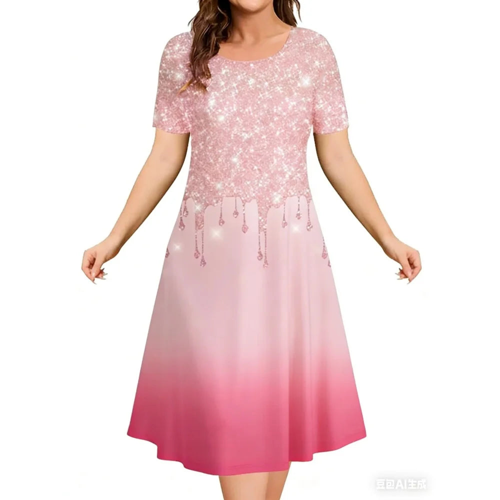 2026 New Women's Simple Gradient Color Casual Dresses Elegant Woman Clothes Evening Midi Dress Crew Neck Short Sleeve Dresses