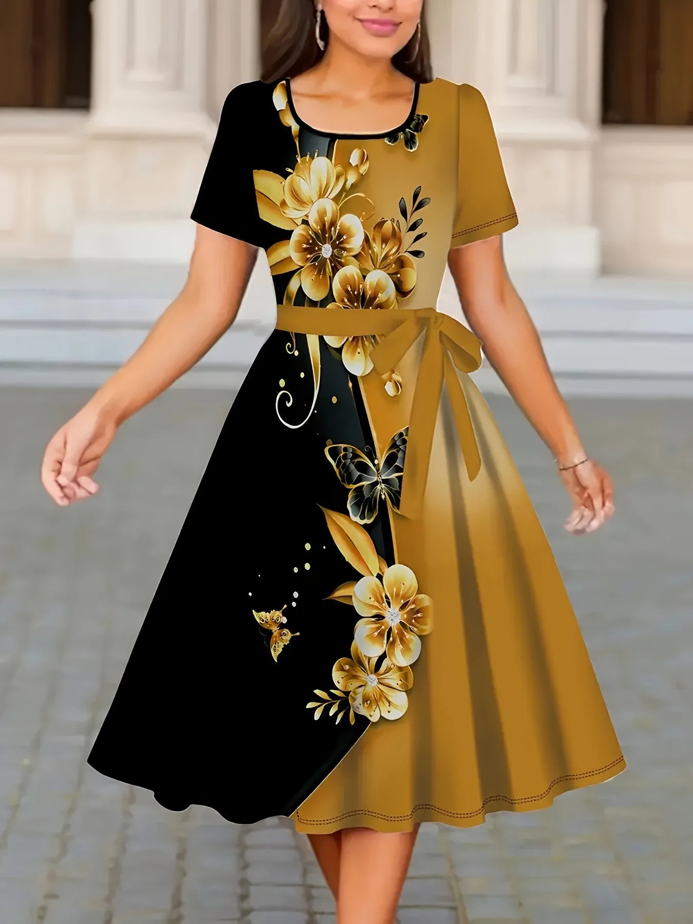 Women Floral Print A-Line Dress O Neck Short Sleeve Tie Waist Casual Midi Dress Black White Elegant Party Sundress
