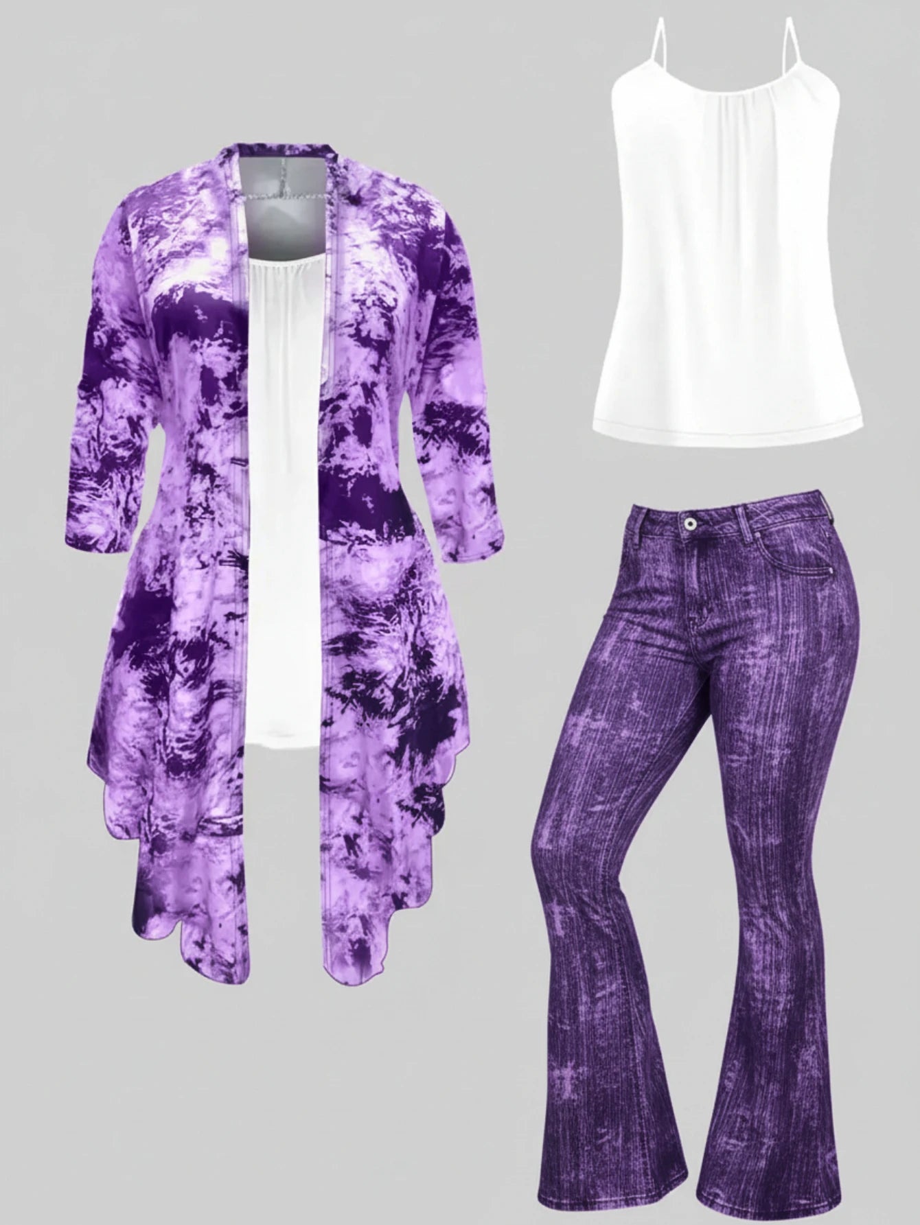 Women Sleeveless Camisole Printed Three Piece Outfit With Flared Pants For Casual Streetwear Vacation And Daily Occasion