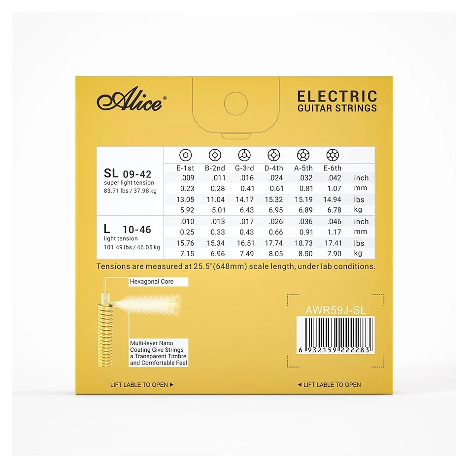 Alice AWR59J Electric Guitar Strings Set for 6 Strings Golden Coated Alloy Winding Light/Super Light Multi-layer Nano Coating