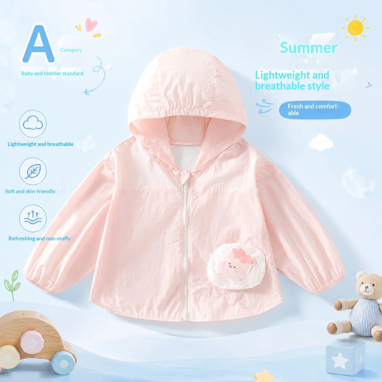 A Class Baby Sun Protection Jacket Summer Ultra Thin Lightweight Hooded Coat Cartoon Pocket Print Zipper Skin Friendly Toddler O