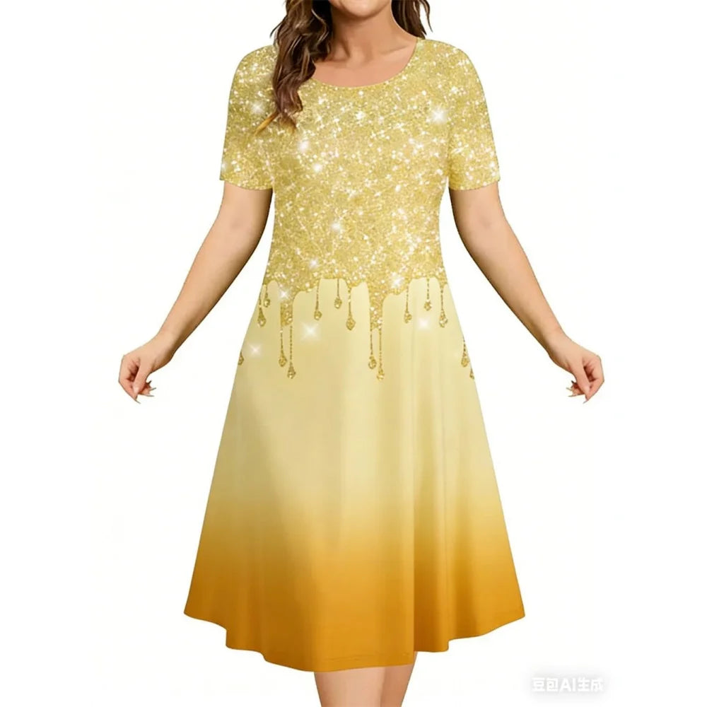2026 New Women's Simple Gradient Color Casual Dresses Elegant Woman Clothes Evening Midi Dress Crew Neck Short Sleeve Dresses