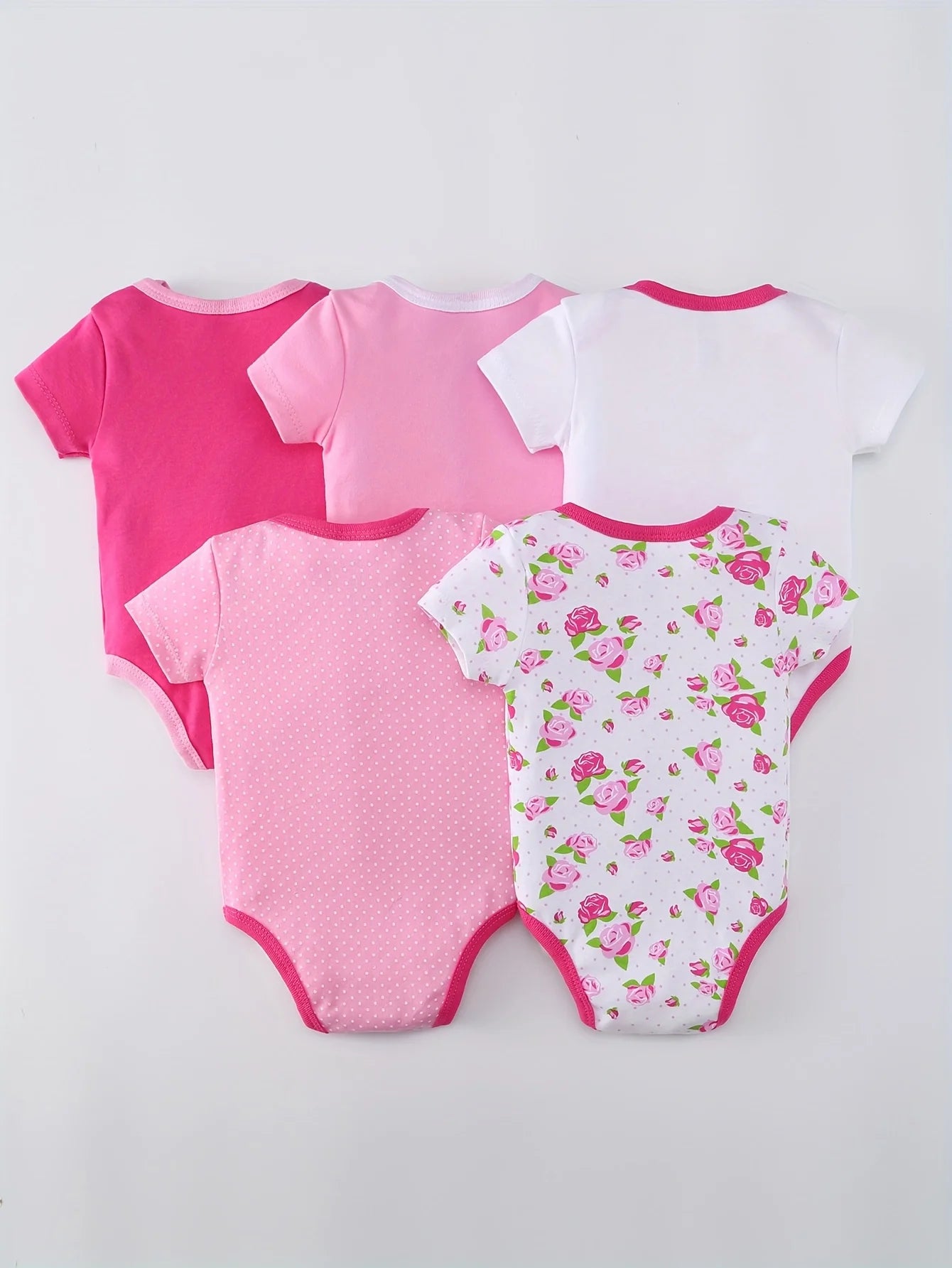 5pcs Baby Girls Short Sleeve Triangle Bodysuits, Cotton Breathable Floral & Heart Print Outfits, Essential Wear for Newborns, Hospital & Outdoor Use, Crew Neck,, Perfect for Outdoor