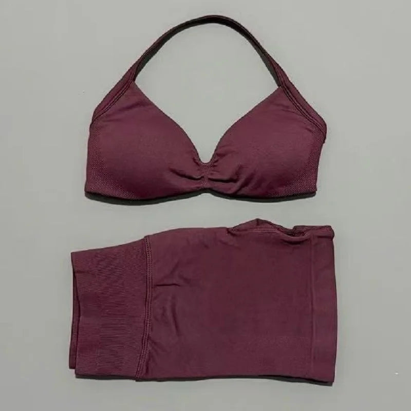 2 Pieces Yoga Gym Set Women Seamless Strappy Yoga Bra High Waist Workout Scrunch Shorts Sports Set Fitness Clothes Sportswear
