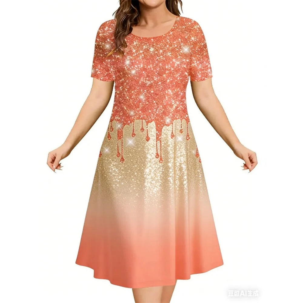 2026 New Women's Simple Gradient Color Casual Dresses Elegant Woman Clothes Evening Midi Dress Crew Neck Short Sleeve Dresses