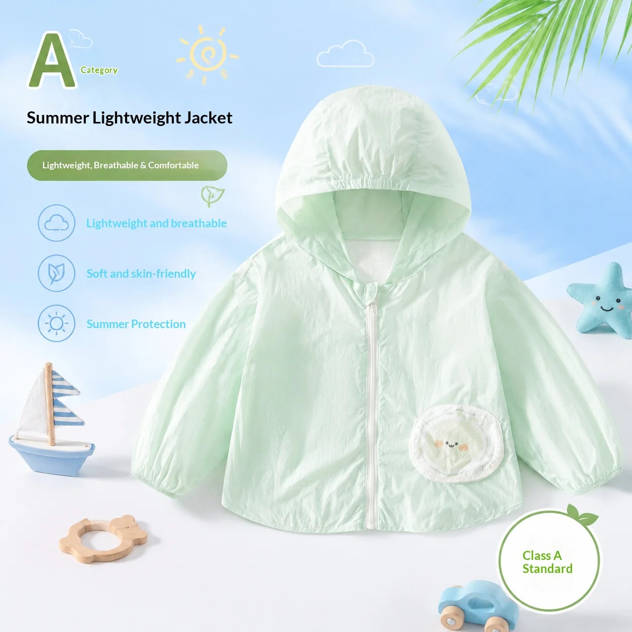 A Class Baby Sun Protection Jacket Summer Ultra Thin Lightweight Hooded Coat Cartoon Pocket Print Zipper Skin Friendly Toddler O