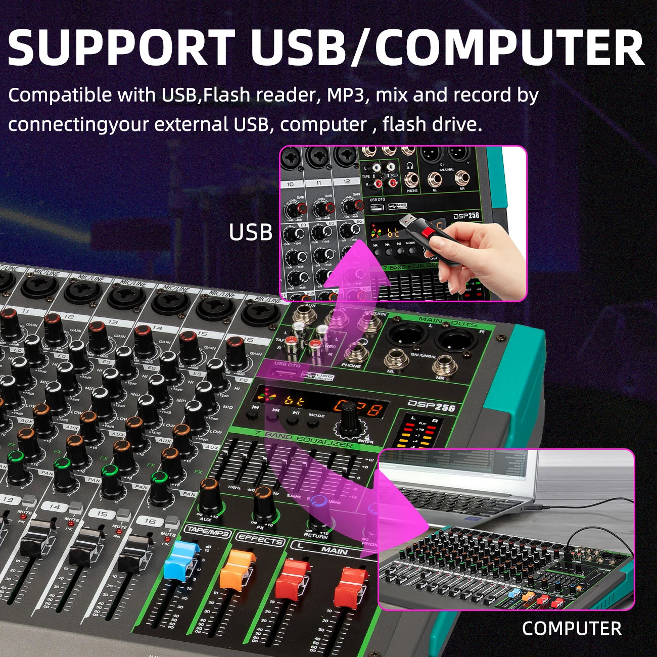 12 Channels Audio Sound Mixer Depusheng MG12 Mixing DJ Console USB with 48V Phantom Power 256 DSP Effects Sound Table for Stage