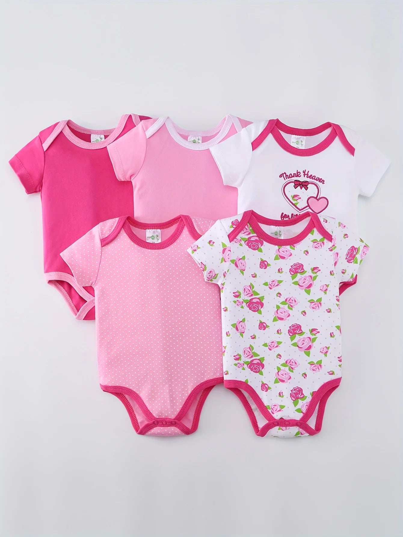 5pcs Baby Girls Short Sleeve Triangle Bodysuits, Cotton Breathable Floral & Heart Print Outfits, Essential Wear for Newborns, Hospital & Outdoor Use, Crew Neck,, Perfect for Outdoor