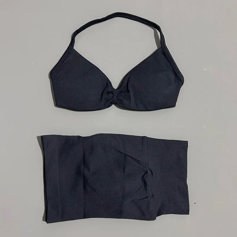 2 Pieces Yoga Gym Set Women Seamless Strappy Yoga Bra High Waist Workout Scrunch Shorts Sports Set Fitness Clothes Sportswear