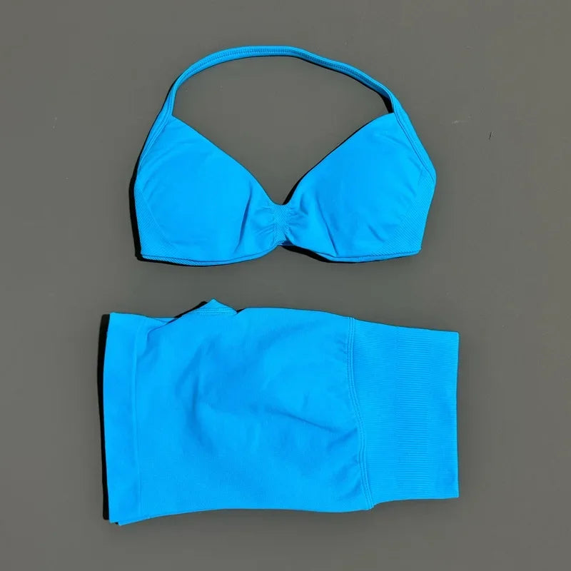 2 Pieces Yoga Gym Set Women Seamless Strappy Yoga Bra High Waist Workout Scrunch Shorts Sports Set Fitness Clothes Sportswear