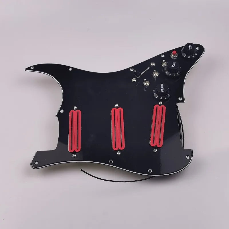 Prewired SSS Red Rail Pickups Loaded Pickguard Black 3-Ply High Output Rail Single Coil Assembly for ST Strat Guitar