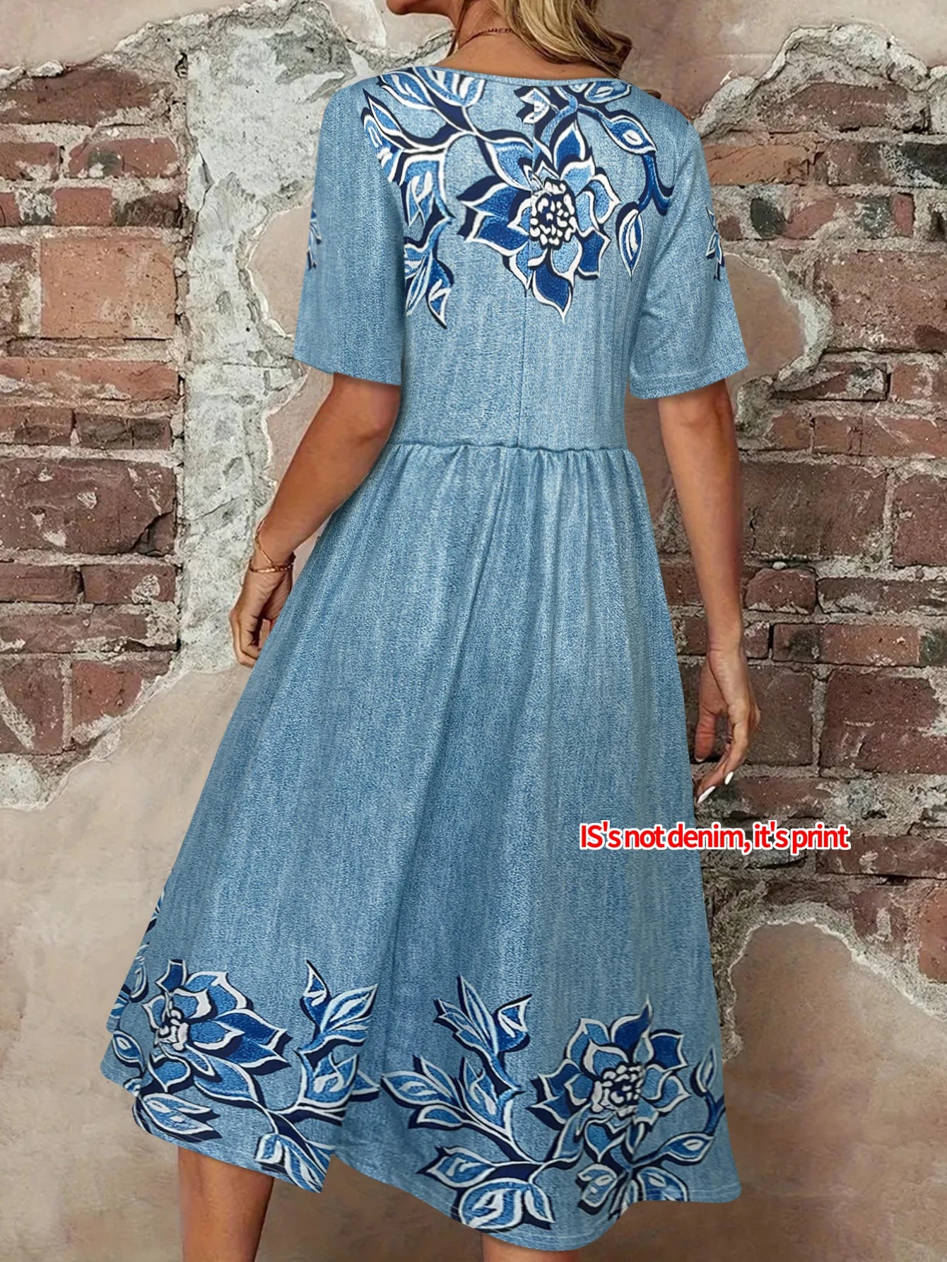 Women's Floral Print Faux Denim Midi Dress Summer Casual Print Button Front Print Pocket Short Sleeve Boho Sundress