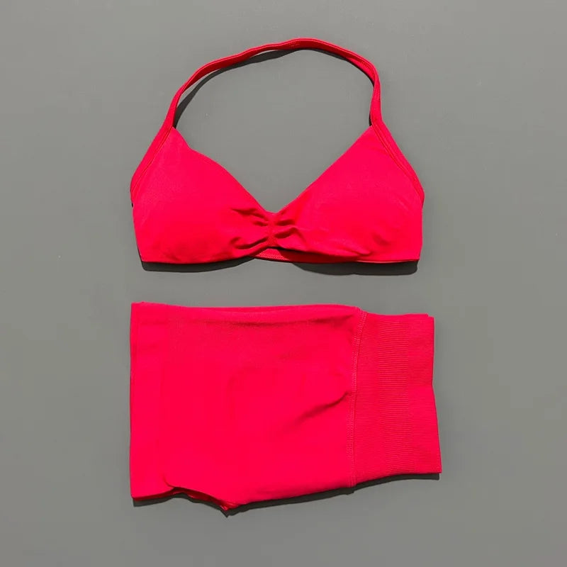 2 Pieces Yoga Gym Set Women Seamless Strappy Yoga Bra High Waist Workout Scrunch Shorts Sports Set Fitness Clothes Sportswear