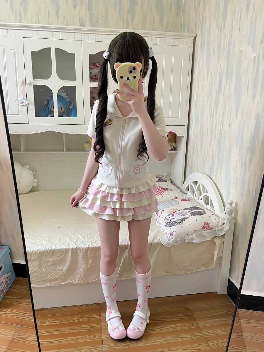 Bear Embroidered Short Sleeve Top Japanese Style Cute Soft Girl Summer Hooded Short Sleeve Zipper Jacket Women Slimming Top
