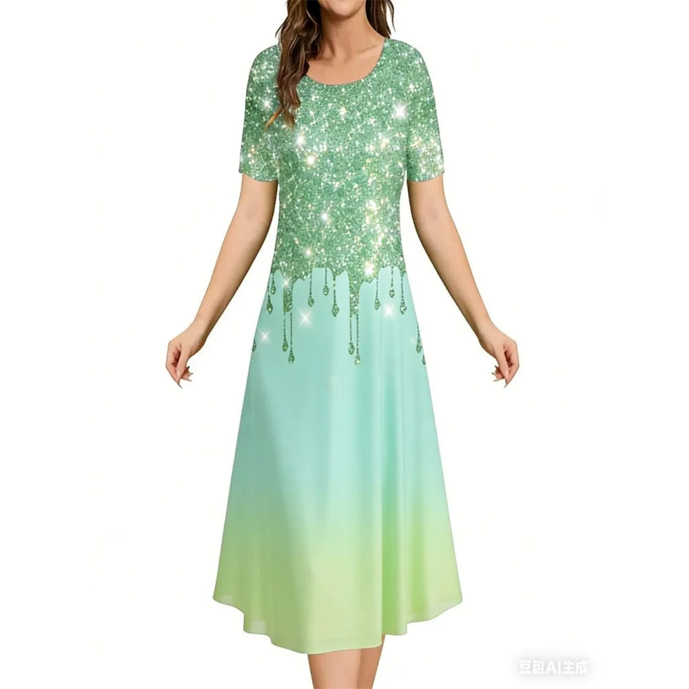 2026 New Women's Simple Gradient Color Casual Dresses Elegant Woman Clothes Evening Midi Dress Crew Neck Short Sleeve Dresses